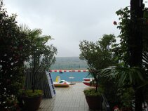 Rain view Hissing down, view from the hotel bar, there are some mountains there somewhere